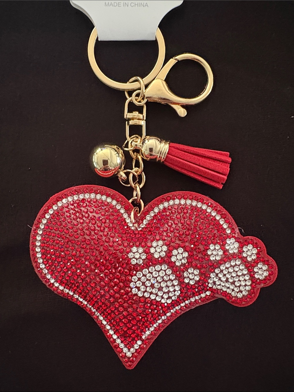 Red Crystal Heart Paw Print Puffy Bag Charm Keychain with Gold Hardware